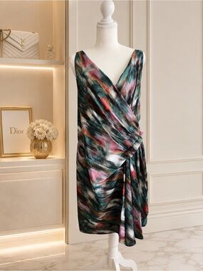 Rachel Roy Abstract Print Draped Faux Wrap Midi Dress XL